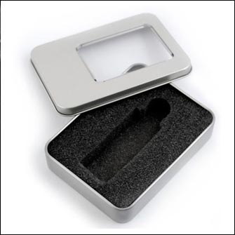 Коробка для флэш-дисков  металл, прямоугольная, с прозрачным окном, серый цвет