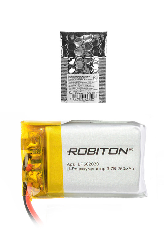 Литий-полимерный аккумулятор LP502030 3.7В 250мАч (mAh) с платой защиты, ROBITON Литий-полимерный аккумулятор LP502030 3.7В 250мАч (mAh) с платой защиты, ROBITON