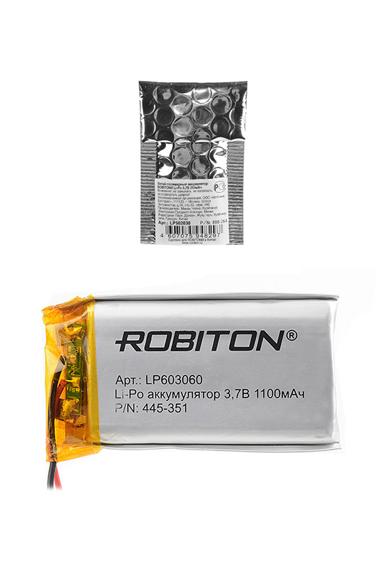 Литий-полимерный аккумулятор LP603060 3.7В 1100мАч (mAh) с платой защиты, ROBITON Литий-полимерный аккумулятор LP603060 3.7В 1100мАч (mAh) с платой защиты, ROBITON