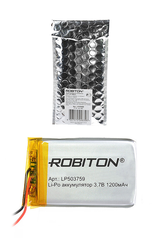 Литий-полимерный аккумулятор LP503759 3.7В 1200мАч (mAh) с платой защиты, ROBITON Литий-полимерный аккумулятор LP503759 3.7В 1200мАч (mAh) с платой защиты, ROBITON