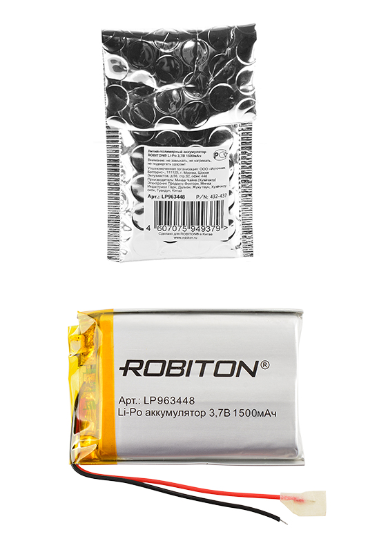 Литий-полимерный аккумулятор LP963448 3.7В 1500мАч (mAh) с платой защиты, ROBITON