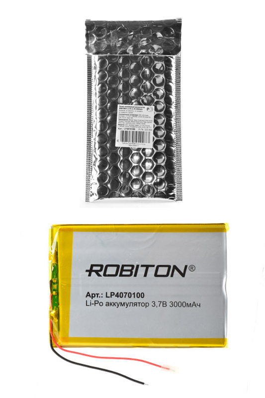 Литий-полимерный аккумулятор LP4070100 3.7В 3000мАч (mAh) с платой защиты, ROBITON