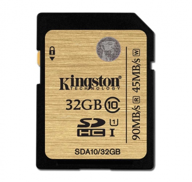 Карта памяти SDHC / Secure Digital High Capacity 32 Гб Kingston Сlass 10 UHS-1, чтение 90 Мбайт/сек, запись 45 Мбайт/сек