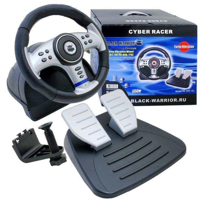 Игровой руль для компьютера и игровых приставок, Black Warrior BW-131 Cyber Racer виброотдача, USB, PS-2