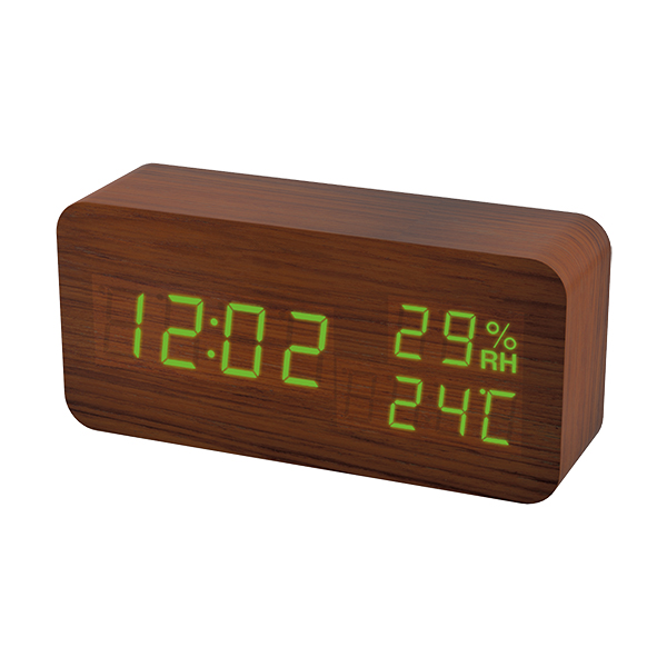 Электронные часы-будильник Perfeo Wood время, температура, влажность, зеленые цифры, коричневый корпус.