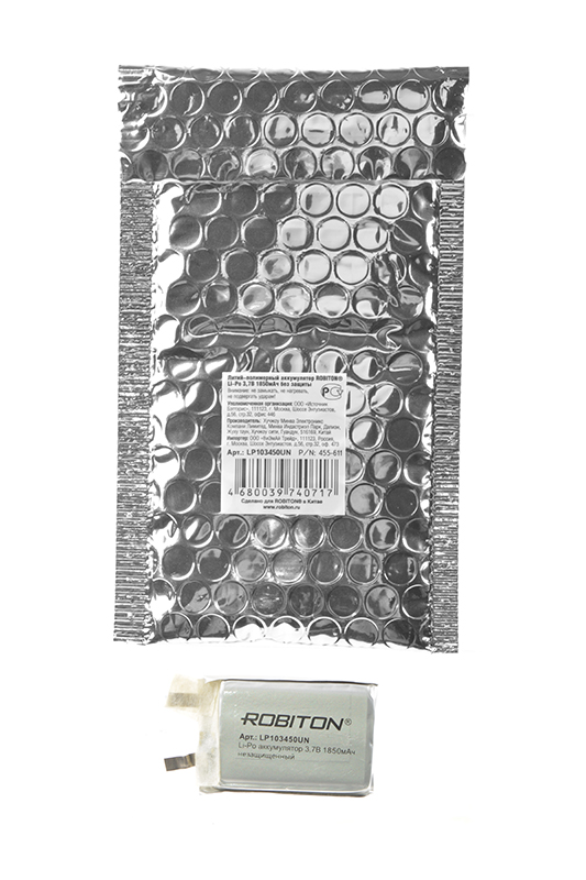 Литий-полимерный аккумулятор LP103450UN 3.7В 1850мАч (mAh), без защитной платы, ROBITON