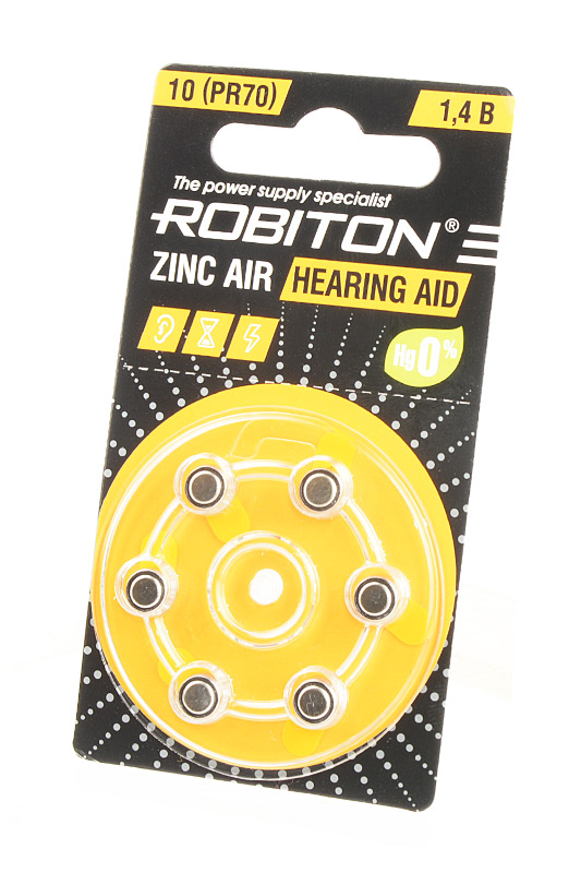 Батарейка воздушно-цинковая для слуховых аппаратов ZA10 (PR70), ROBITON упаковка 6 шт