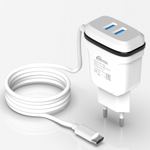 Зарядное уcтройство сетевое(220В) для USB, 2000 mA, 2 порта,+ шнур Type C