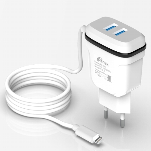 Зарядное уcтройство сетевое(220В) для USB, 2000 mA, 2 порта,+ шнур Lightning