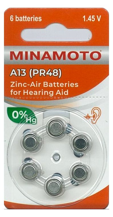 Батарейка воздушно-цинковая для слуховых аппаратов ZA13 (PR48), MINAMOTO упаковка 6 шт,