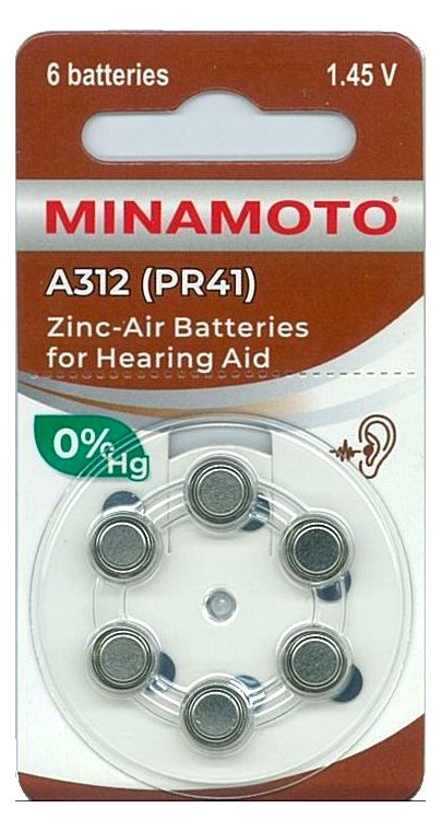 Батарейка воздушно-цинковая для слуховых аппаратов ZA312 (PR41), MINAMOTO упаковка 6 шт
