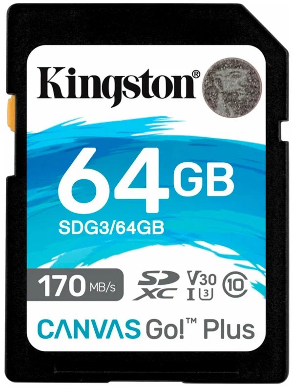 Карта памяти SDXC / Secure Digital eXtended Capacity 64 Гб Kingston Canvas Go! Plus Сlass 10 UHS-1, U3, V30, A2 чтение 170 Мбайт/сек, запись 70 Мбайт/сек