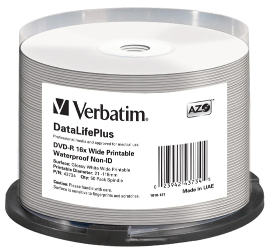 DVD-R диск 16х Verbatim 4.7 Гб, printable, влагостойкая (WaterProof) глянцевая поверхность CakeBox