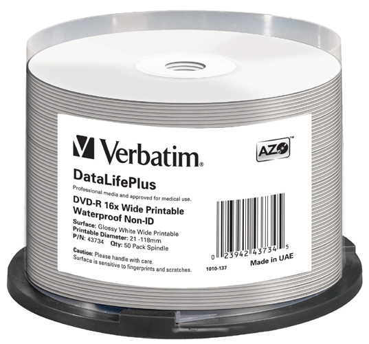 DVD-R диск 16х Verbatim 4.7 Гб, printable, влагостойкая (WaterProof) глянцевая поверхность CakeBox DVD-R диск 16х Verbatim 4.7 Гб, printable, влагостойкая (WaterProof) глянцевая поверхность CakeBox